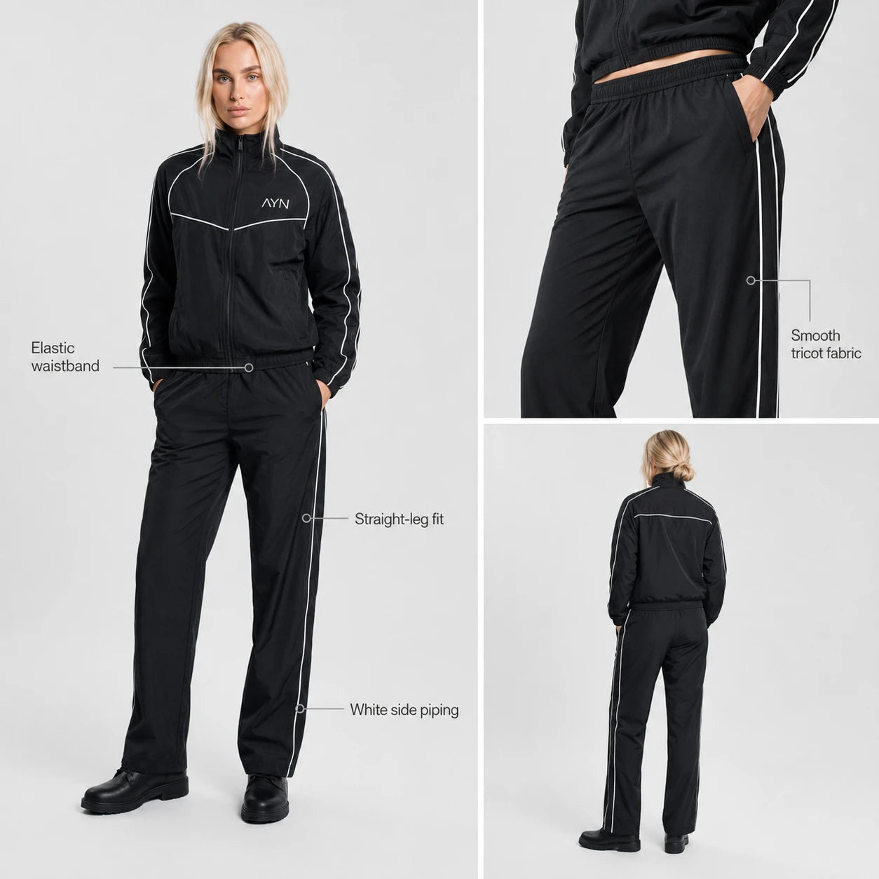 AYN Women’s Modest Tracksuit – Black Two-Piece Set with White Piping