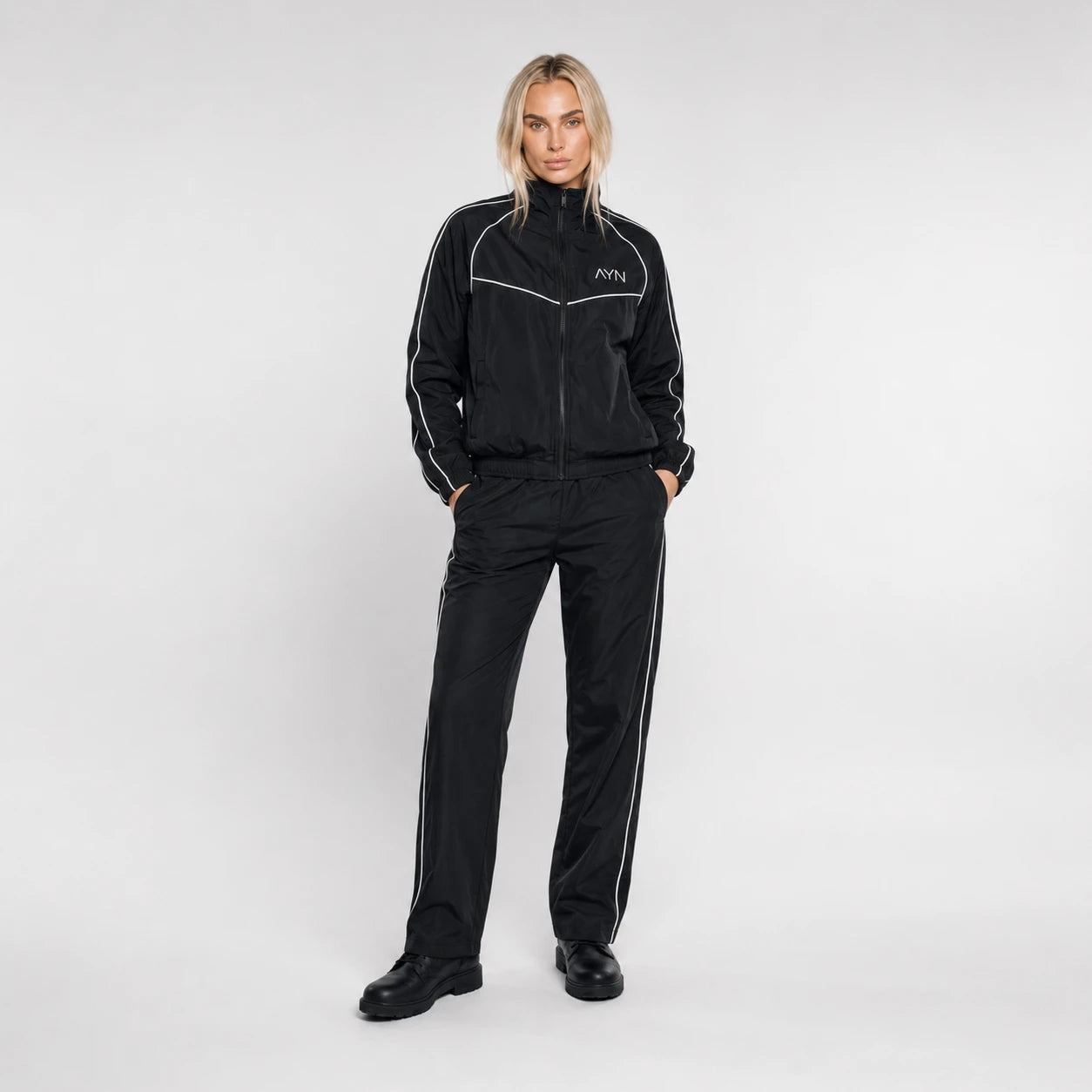 AYN Women’s Modest Tracksuit – Black Two-Piece Set with White Piping