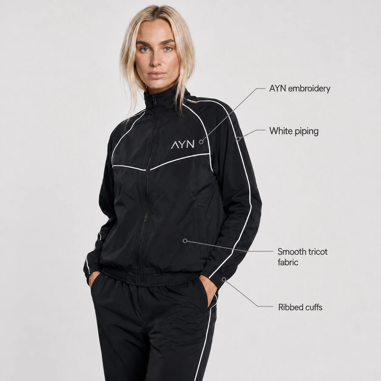 AYN Women’s Modest Tracksuit – Black Two-Piece Set with White Piping